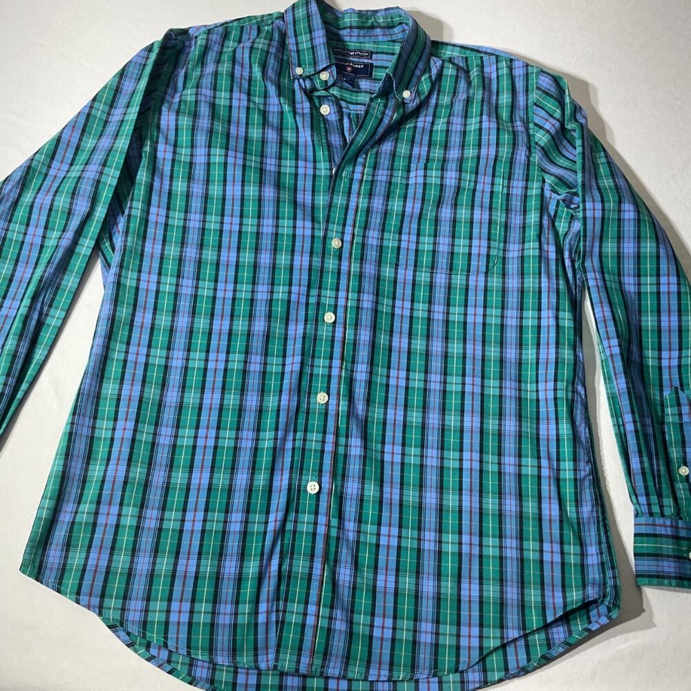 Saddlebred Wrinkle-Free Stretch Mens Button-Up Shirt Blue/Green Size  M 100% Cot